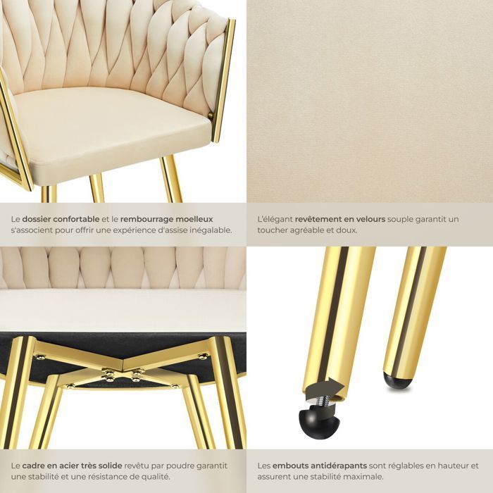 Chairs - TECTAKE - Set of 4 ASTANO dining chairs in knotted designer velvet with slim steel legs - Sand/Gold