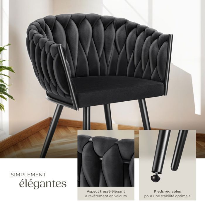 Chairs - TECTAKE - Set of 4 ASTANO dining chairs in knotted designer velvet with slim steel legs - Black