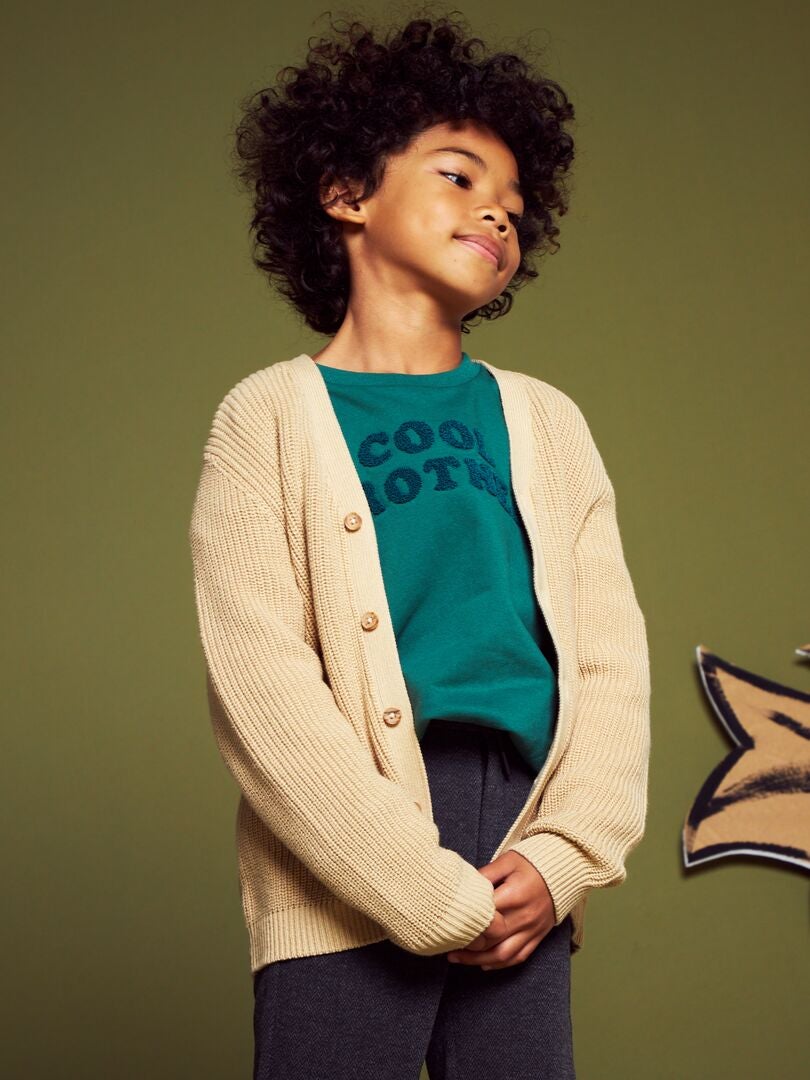 Cardigã de malha canelada com pérolas - BEGE
