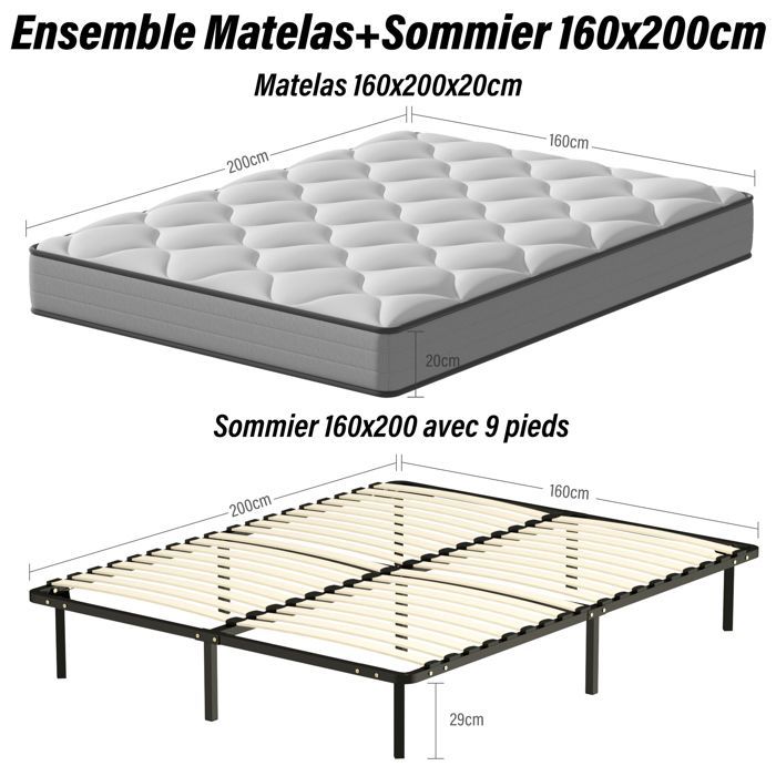 Colchón de espuma viscoelástica 160x200x20cm + base de cama 160x200 - DEWINNER - Muelles ensacados - Blanco