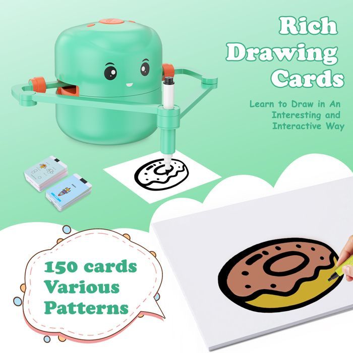 Robot Dessinateur Enfant, Robot Qui Dessine Tout Seul, Interaction Vocale, 100 Cartes et 12 Crayons, Jouet éducatif Montessori vert