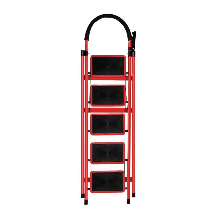 Red - 152cm Folding 5-Step Steel Step Ladder, Ladder with Handle and Non-Slip Footplate, 150KG Load Capacity