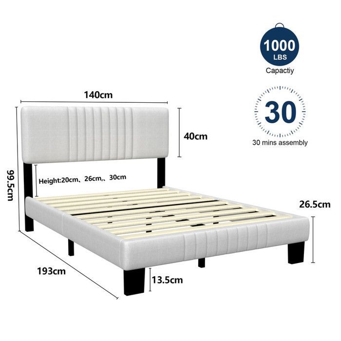 Estructura de cama de 140x190 cm, base de láminas metálicas para adultos, cabecero y tapizado, fácil montaje, estructura de cama robusta.