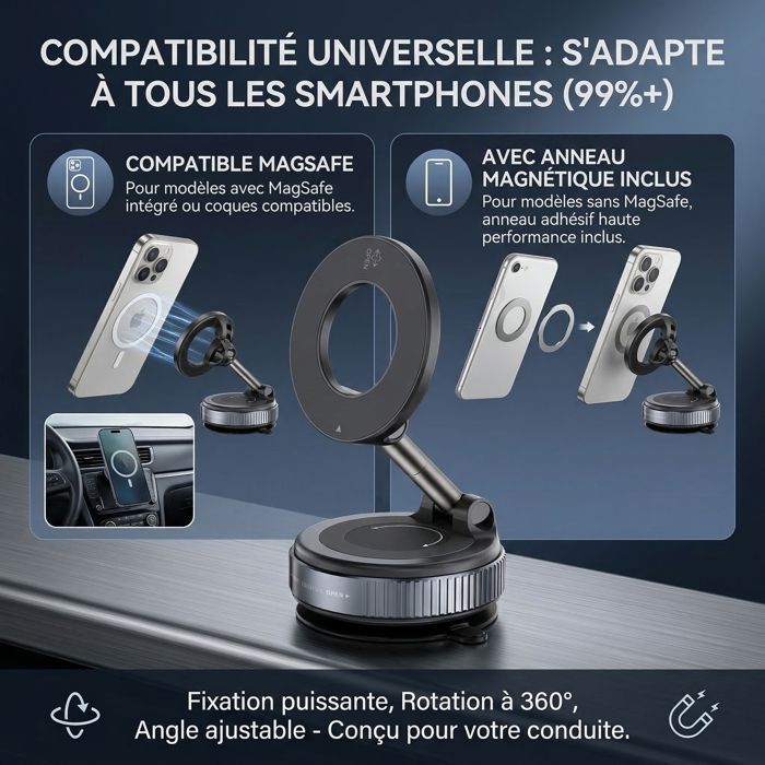 Supporto magnetico per telefono da auto K007 - Lega - Ventosa - Pieghevole - Compatibile con MagSafe - Supporto universale per auto - Nero