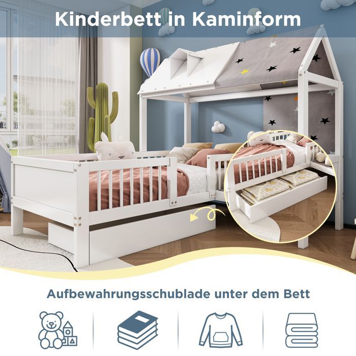 LINKHOO Lit bébé simple emultifonctionnel,   avec toile tente et oreillers, tiroirs en bas, sans matelas, 90*200, blanc