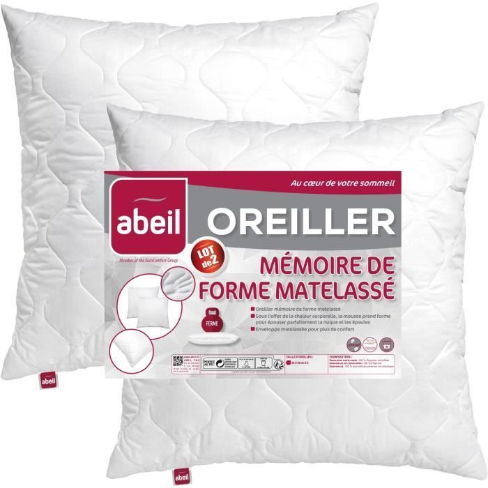 Juego de 2 almohadas acolchadas de espuma viscoelástica ABEIL - 60x60 cm - Blancas