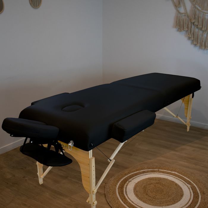 Table de massage 15 cm pliante 2 zones en bois avec panneau Reiki + Accessoires et housse de transport - Noir - Vivezen