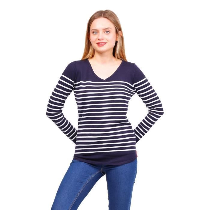 Women's sweater - SULLIVAN - White stripes - V-neck - Long sleeves - Fitted