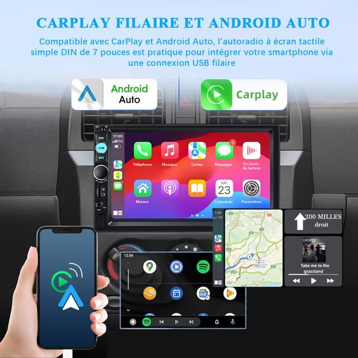 Autoradio 2 DIN da 7 pollici con Bluetooth, compatibile con CarPlay e Android Auto, touchscreen, radio FM, ingresso AUX, USB e scheda TF, telecamera posteriore a 12 LED.