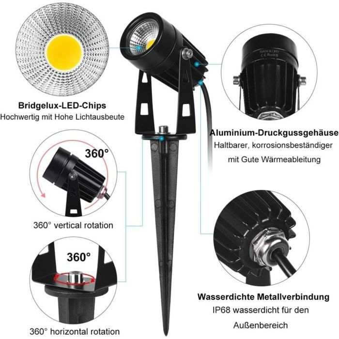 Refletores LED para exterior, 3W Branco Quente 3000K 1440LM, Luzes de Jardim com Estaca, Refletor LED para Exterior à Prova d'Água IP65 - 8 peças