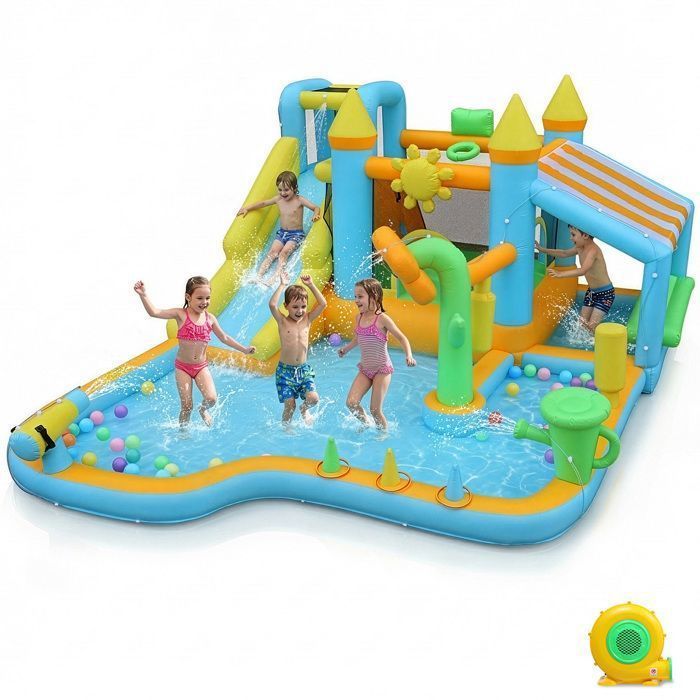 Inflatable Play Area - LALAHO - Inflatable Castle with 450W Blower for Children, Playhouse, Slide, Decorative Flowers