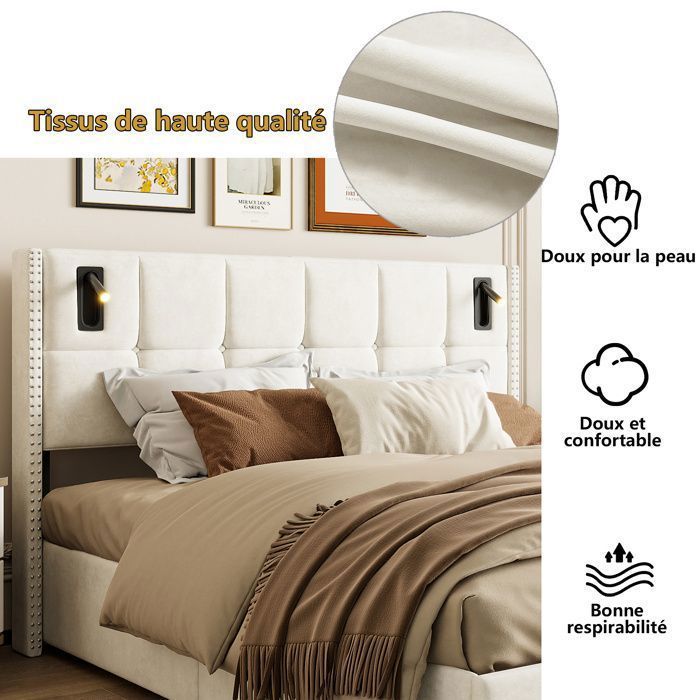 Letto 140x190 cm - DRELYGWEA - Velluto beige - Rete a doghe - Contenitore integrato - Design moderno
