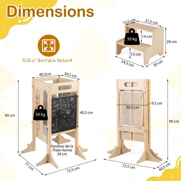 Torre de aprendizaje de madera COSTWAY para niños con escalones de 2 peldaños, pizarra y red de seguridad, para mayores de 3 años, color natural.