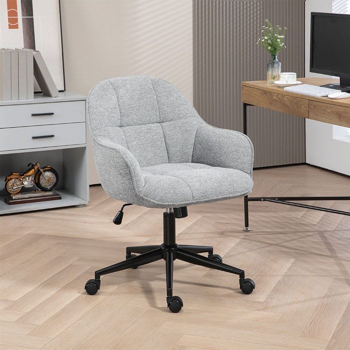 HOMCOM office chair with padded seat and backrest, adjustable height, 360° swivel, black base, and grey fabric upholstery.