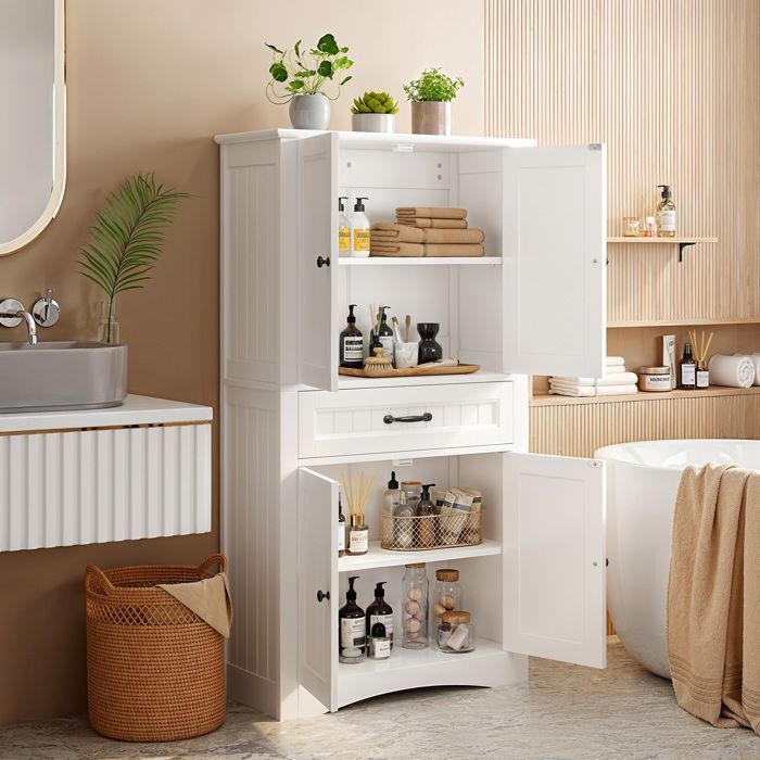 Meuble Haut Salle de Bain - Bealife - Rangement Modulable - 2 Portes - 1 Tiroir - Étagères Réglables - Blanc 73x31x130cm
