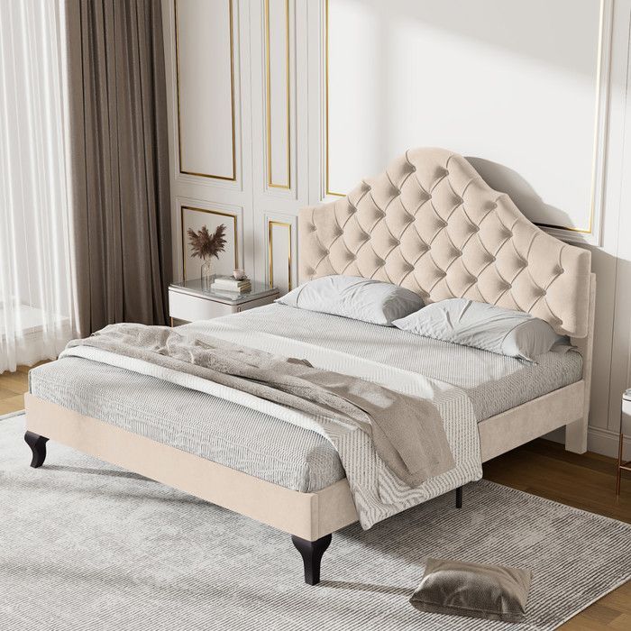 Cama doble de 140x190 cm con somier de láminas, estructura de cama para adultos con cabecero regulable en altura, color beige.