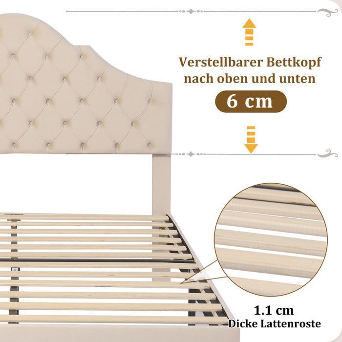 Cama doble de 140x190 cm con somier de láminas, estructura de cama para adultos con cabecero regulable en altura, color beige.