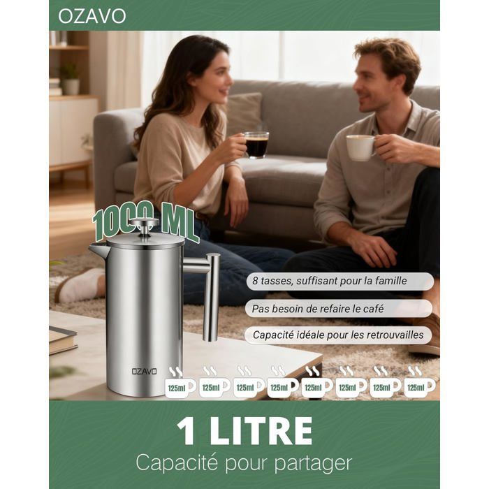 OZAVO - Cafetière à Piston 1L Inox Isotherme avec 5 Filtres Remplacement Acier inoxydable