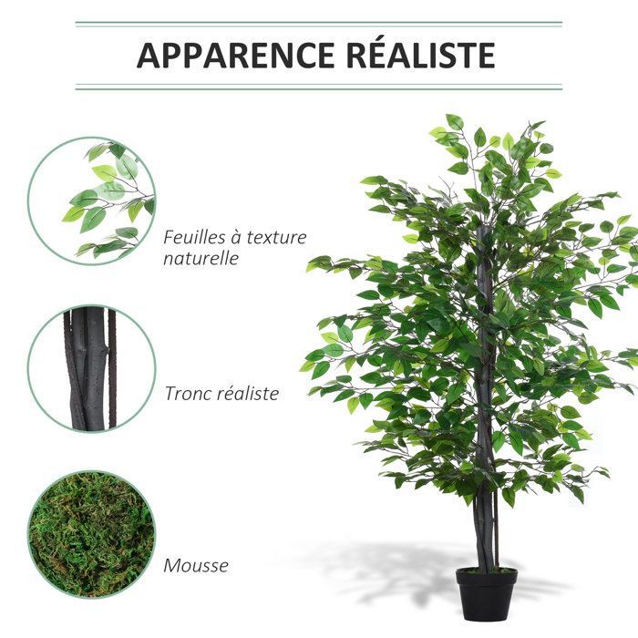 Planta artificial - Outsunny - ficus, 1,45 m de altura, tronco, ramas, enredaderas y líquenes realistas - plástico - 1,45 m