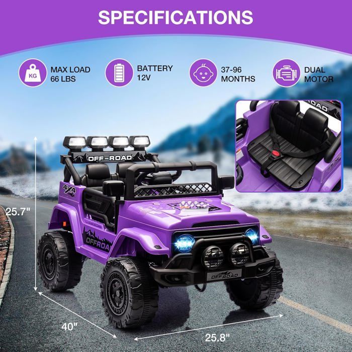 Coche eléctrico infantil de 12 V con mando a distancia, música, luces LED y claxon, 3 velocidades, para niños de 3 años en adelante, color morado.