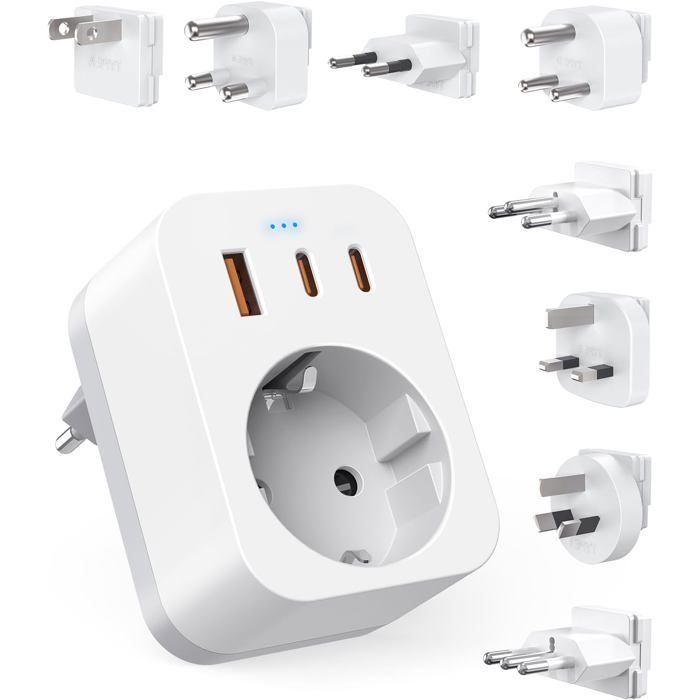 Kit mundial de adaptadores de viaje, adaptador de enchufe internacional con USB-C (PD 20W), 8 enchufes de viaje extraíbles