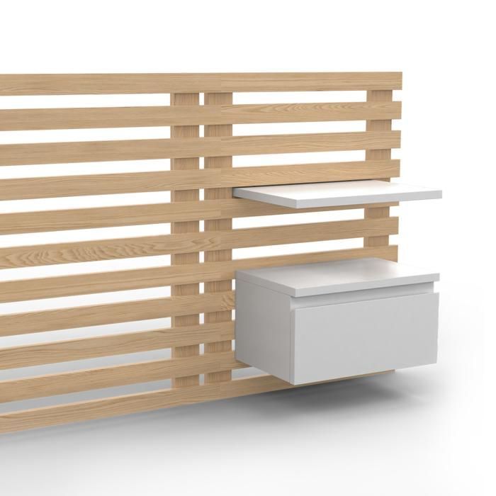 IDMARKET Tête de lit suspendue en lattes AVA 240 cm avec chevets + tiroir façon bois clair et blanc