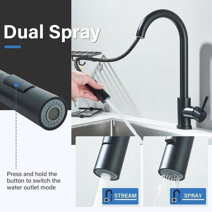 Kitchen Faucet with Pull-Out Sprayer - Kitchen Mixer Tap - 360° Swivel - Pull-Out Sprayer - 2 Spray Patterns - Black
