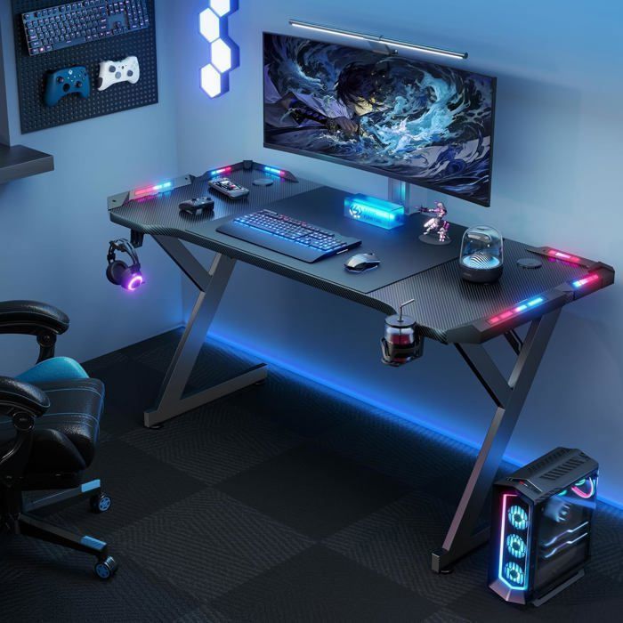 HLONONE LED Mesa Gaming 120 × 60 cm, Bureau Gamer Ergonomique en Fibre de Carbone, Noir