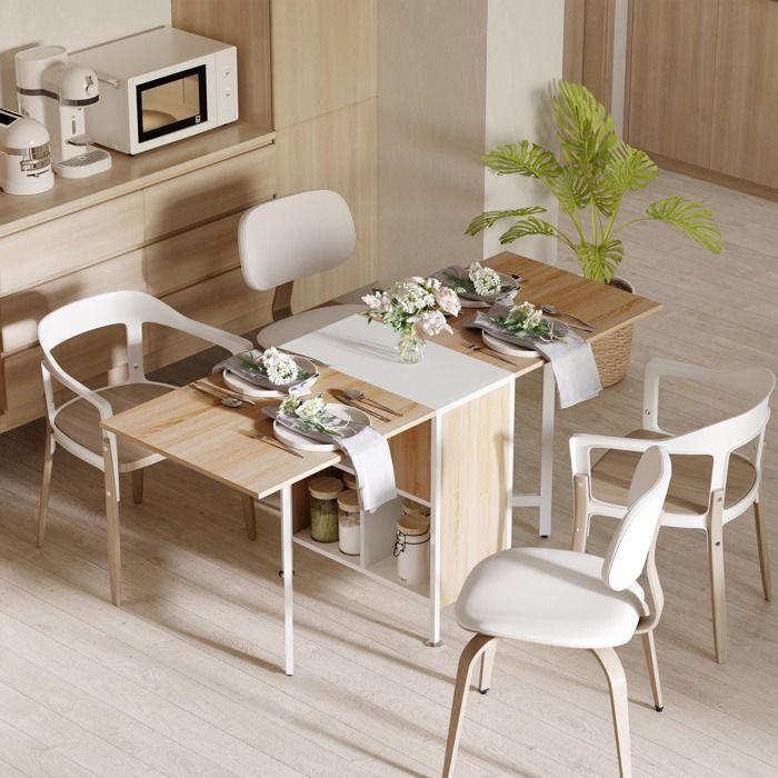 Mesa de cocina plegable - HOMCOM - Mesa de comedor para 4 personas con 4 nichos integrados, ideal para espacios pequeños - MDF - 169x62x75cm - roble blanco