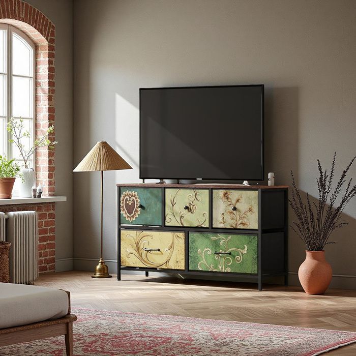 Bedroom chest of drawers, 5 drawers, adjustable feet, floral pattern, retro artistic style, 100 x 30 x 55 cm, multicoloured