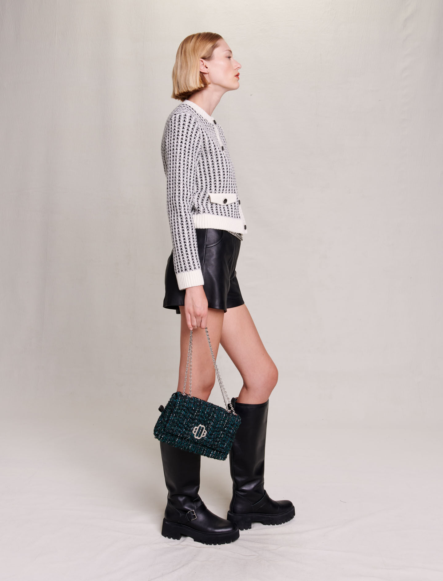 Cardigan tricotat - Negru / Ecru