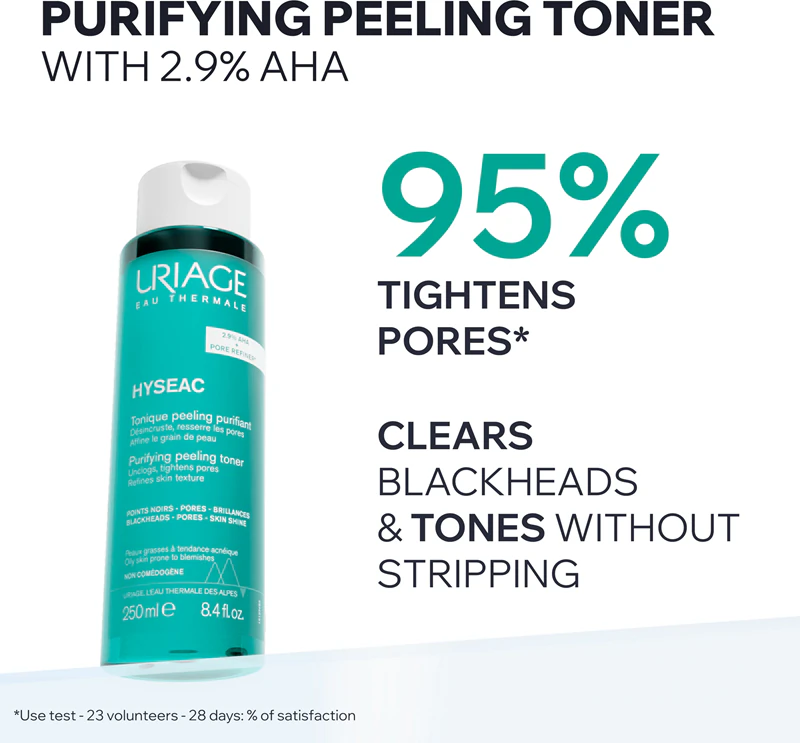 Uriage Hyseac Purifying Peeling Toner je čistiaci toner, ktorý reguluje tvorbu kožného mazu a minimalizuje póry pomocou AHA kyselín.