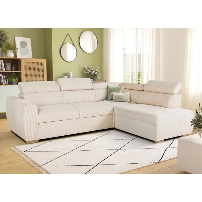 Sofá de canto reversível conversível - 4/5 lugares - KELIO - Veludo cotelê bege - 245 x 184 x 77/87 cm