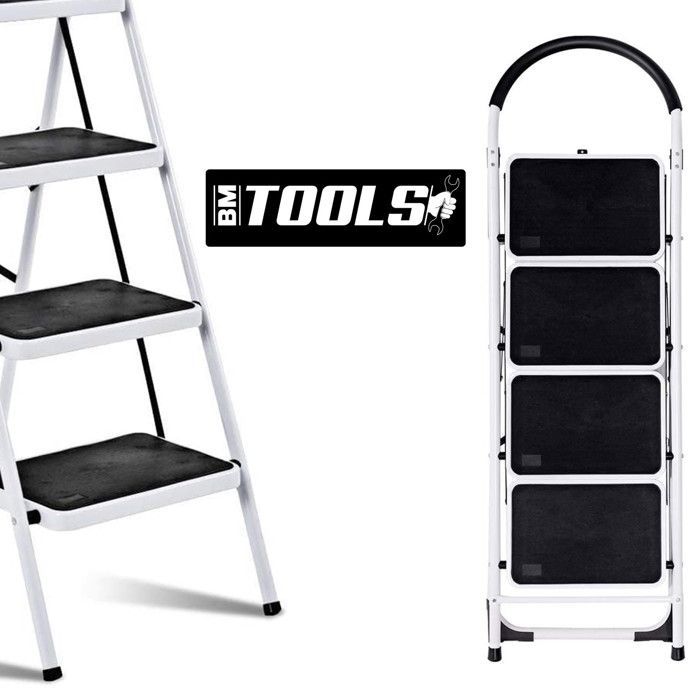 Scala a 4 gradini in acciaio inox BM TOOLS BMT-ESC4, altezza di lavoro: 95 cm, facile da riporre, gradini e maniglie antiscivolo.