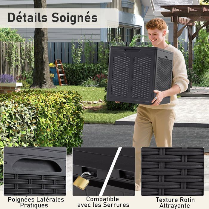 Caja de almacenamiento exterior GIANTEX de 145 litros, PP impermeable con tapa con cerradura, diseño de ratán, asas laterales, color marrón.