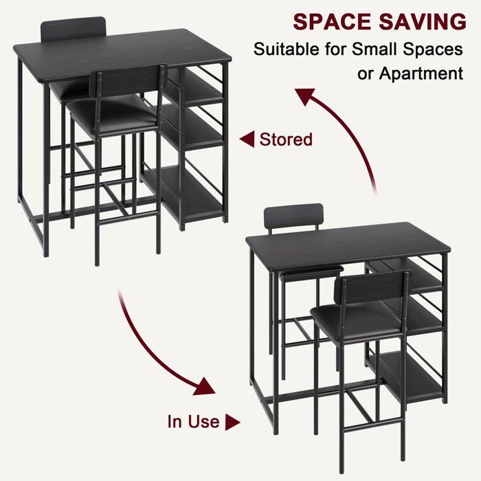 Ensemble table et tabourets de bar, avec 1 table et 2 chaises rembourrées, table de cuisine avec 3 étagères, Noir