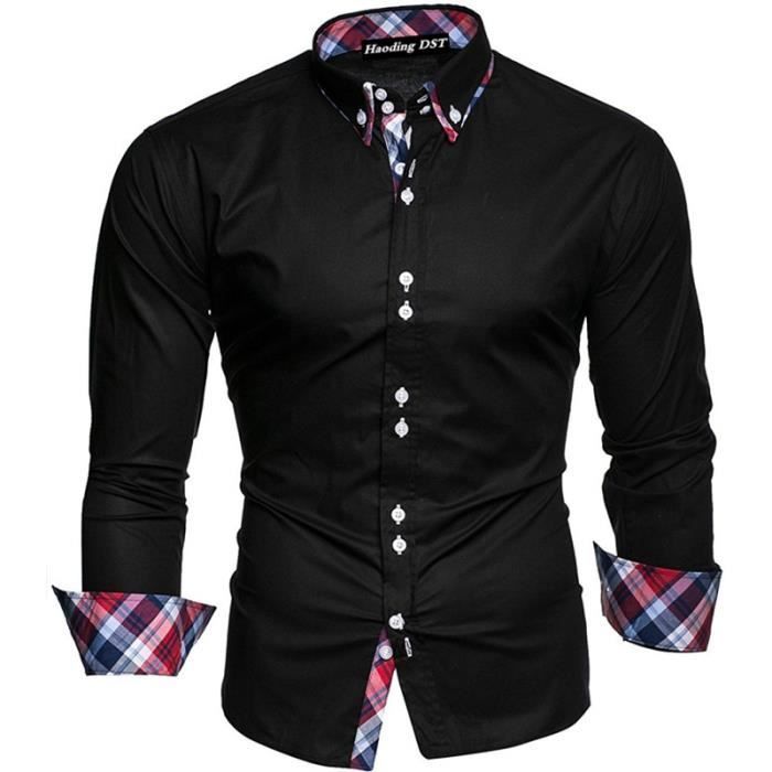 Camisa de moda para hombre con costuras decorativas, corte ajustado, cuello cuadrado, manga larga - FUNMOON - Azul