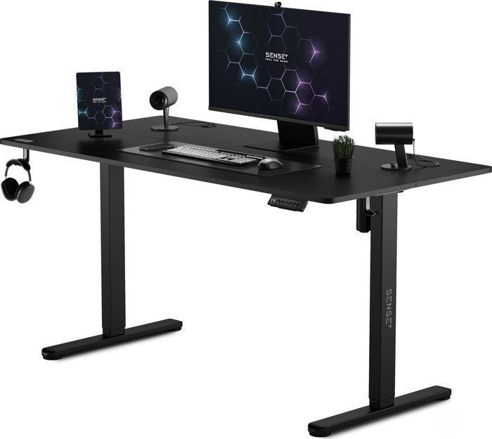SENSE7 NOJO Elektrischer Schreibtisch 140 x 70 cm, Stehschreibtisch mit Memory-Funktion, geräuschloser Höhenverstellung, Gaming-Schreibtisch mit Haken, Schwarz