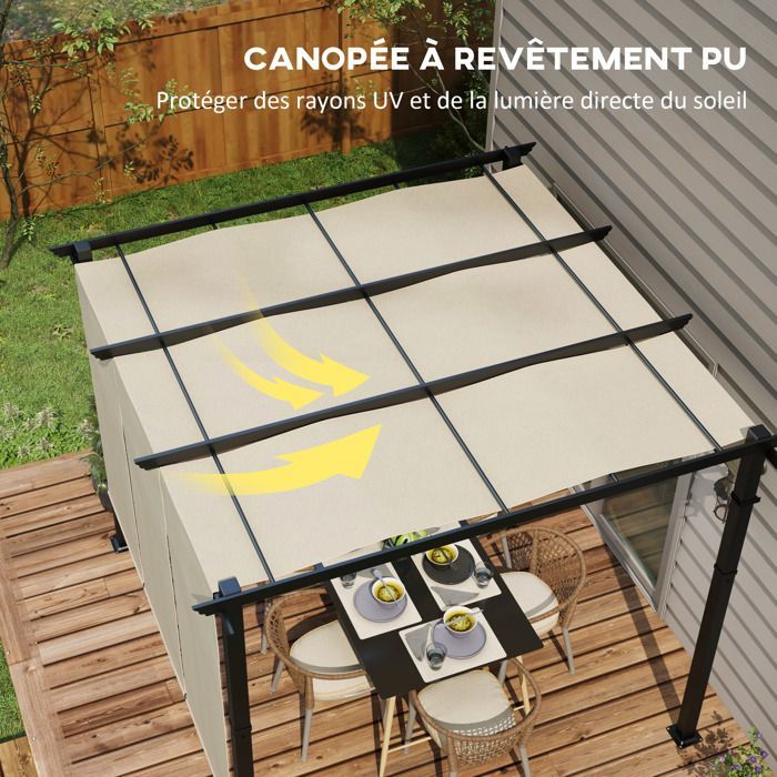 Pérgola Outsunny con 3 toldos corredizos - 3 x 3 x 2,38 m - estructura de acero negro, tejido de poliéster de alta densidad - beige