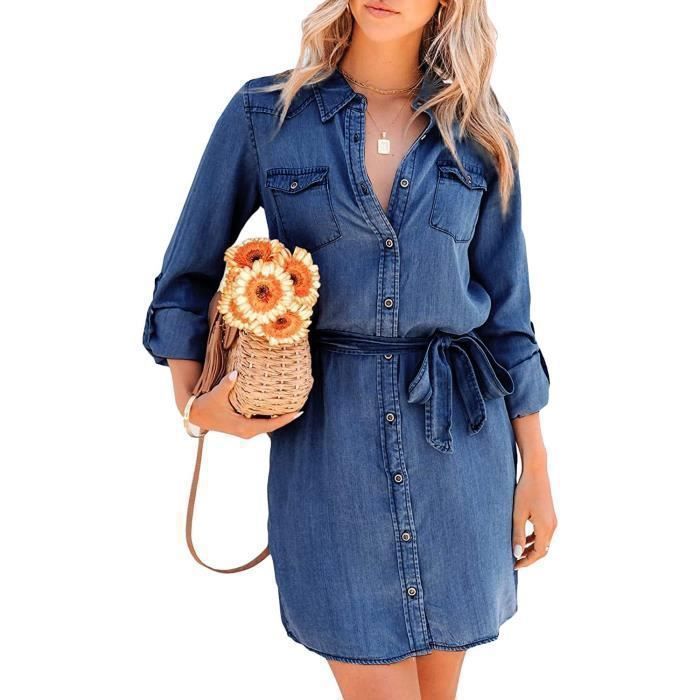Vestido vaquero de verano para mujer, túnica de manga larga, vestido camisero vaquero informal con botones y cinturón, azul oscuro.