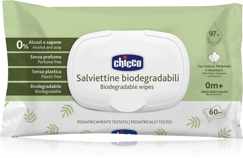 Lenços umedecidos biodegradáveis Chicco para bebês. Lenços umedecidos suaves para bebês.