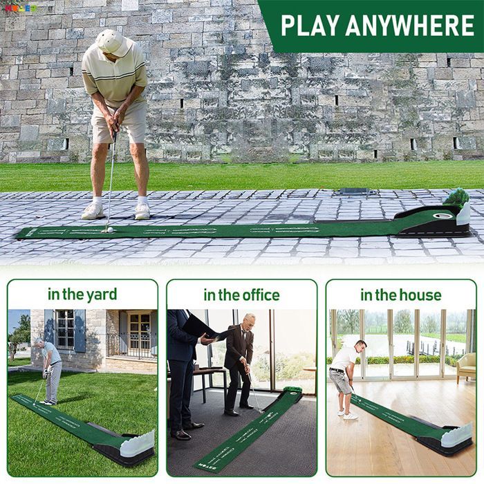 Tapete de golf verde para interiores con retorno de pelota y 3 hoyos - Equipo de entrenamiento para el hogar o la oficina - Accesorios