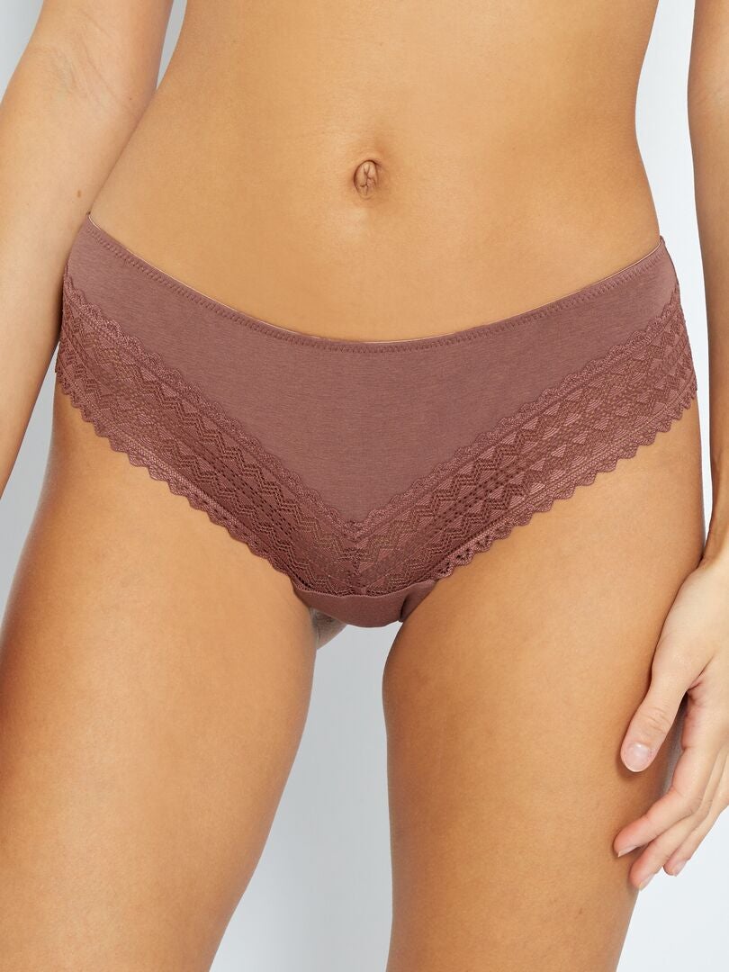 Set van 3 katoenen kanten stringtjes - BEIGE