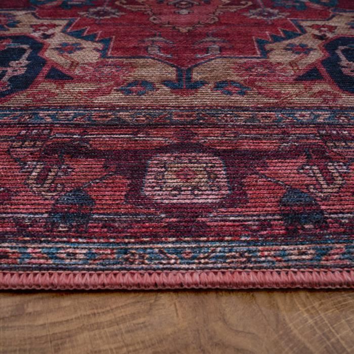 Tapete redondo Paco Home para sala de estar, pelo curto, padrão oriental vintage com borda lavável, vermelho e bege, 120 cm.