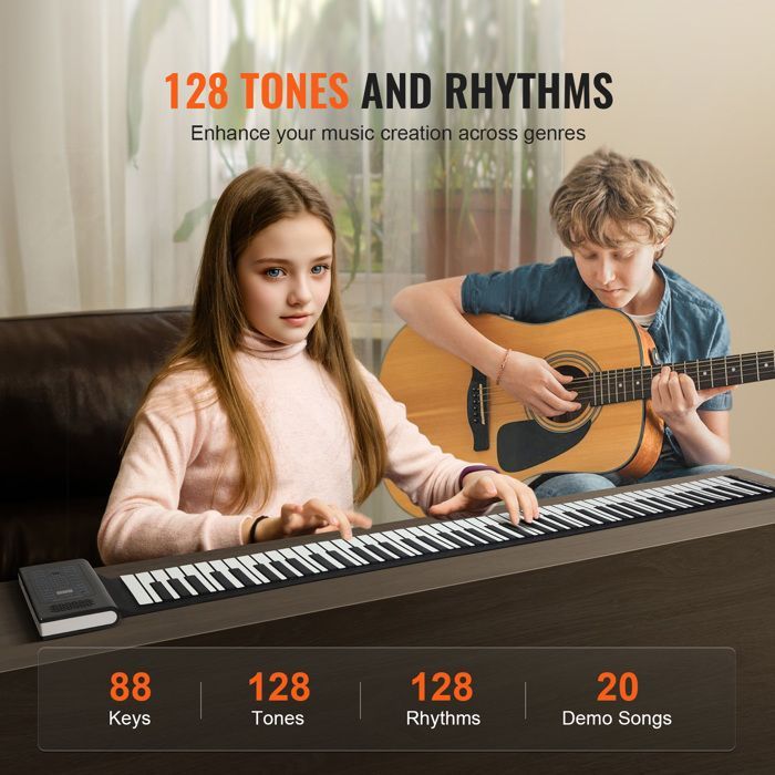 Piano à Clavier Enroulable - DUOKU - 88 Touches - Bluetooth 4.0 - 128 Rythmes - Portable
