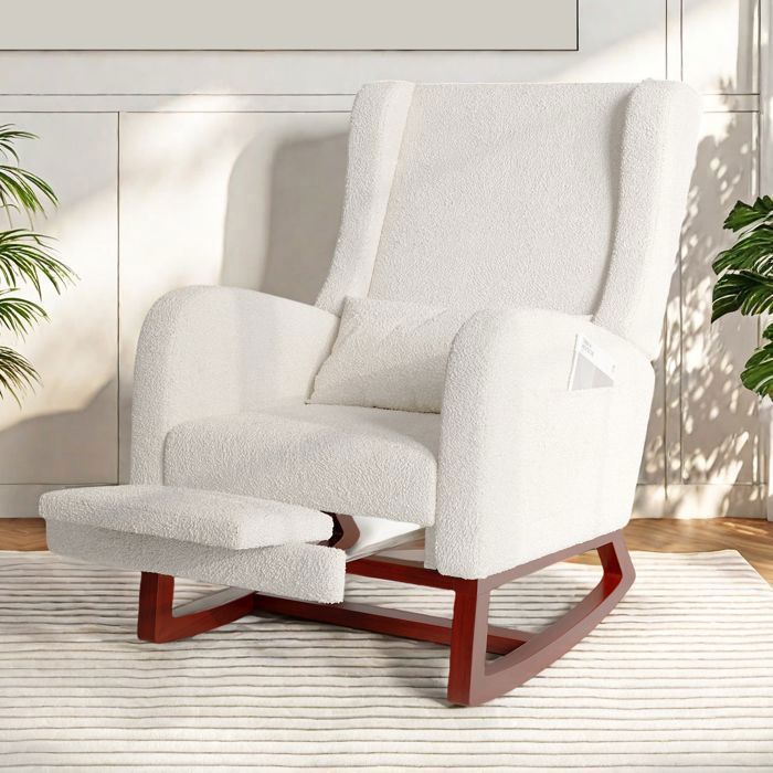 Sedia a dondolo - SOMUBI - Lana d'agnello - Legno massello - Stile scandinavo - Bianca