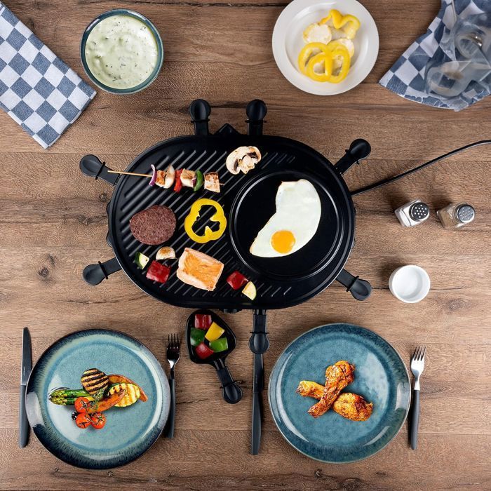 Griglia multifunzione per raclette KotiCidsin, 1200W, per un massimo di 8 persone, con rivestimento antiaderente, colore nero.