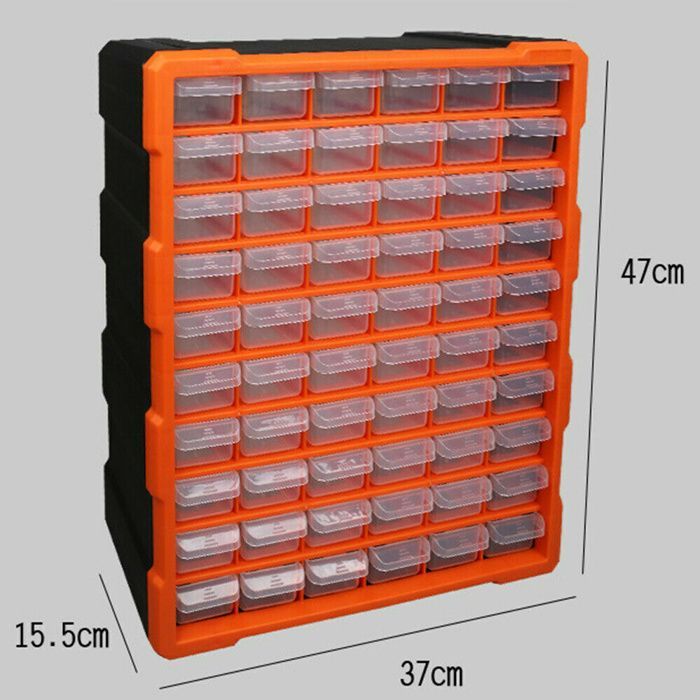 Caja de herramientas de plástico con 60 compartimentos extraíbles. Estante para tornillos.