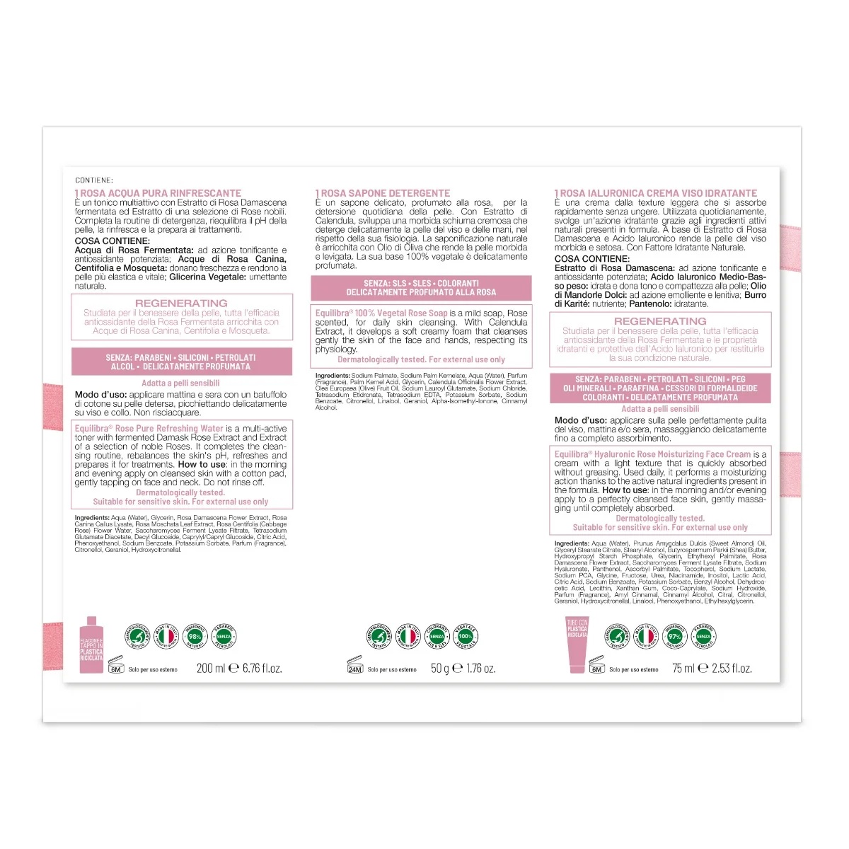 Equilibra gezichtsverzorgingsset: Equilibra Hyaluronic Pink Hydrating Pure Refreshing Water 200 ml + Reinigingszeep 50 g + Hydraterende gezichtscrème 75 ml