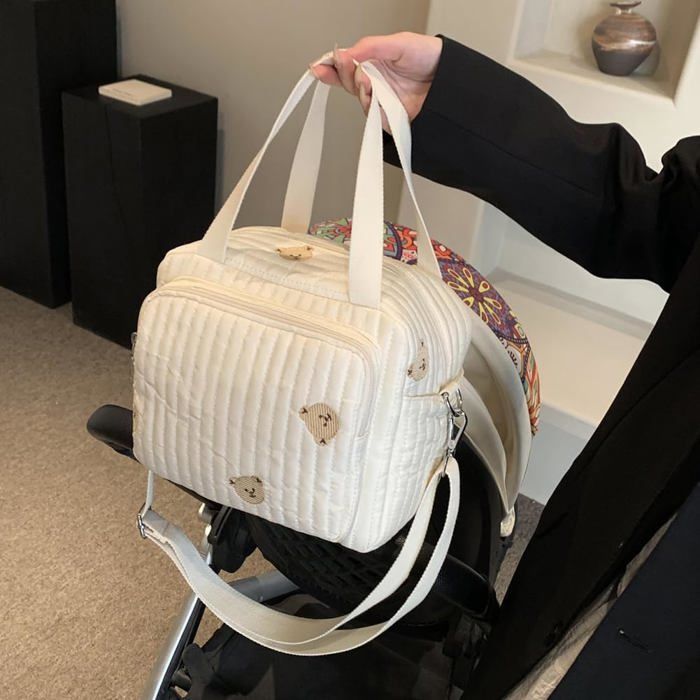 Large Quilted Bear/Flower Diaper Bag, Multifunctional, Adjustable Shoulder Strap, Cotton, Diaper Pouch.